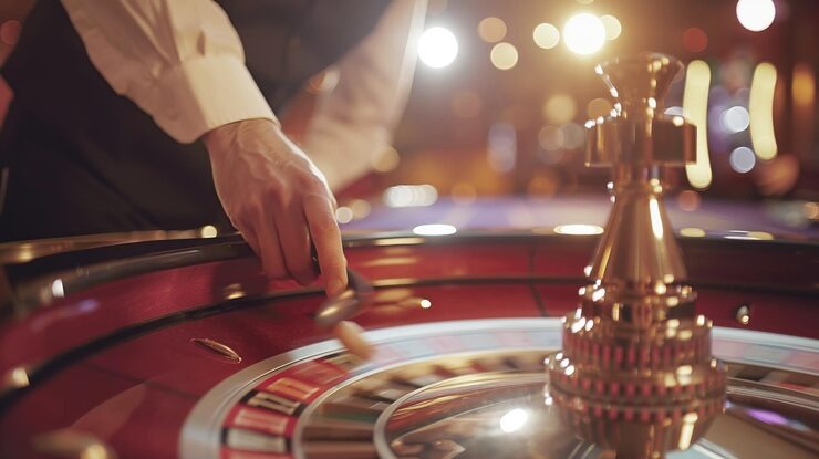 Roulette wheel and ball settle to determine outcome Roulette wheel close-up with ball landing